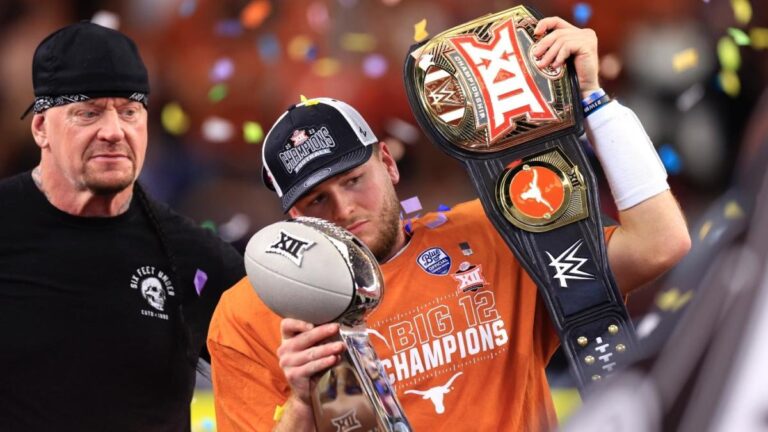 WATCH: WWE legend The Undertaker presents Texas QB Quinn Ewers with Huge 12 championship MVP belt