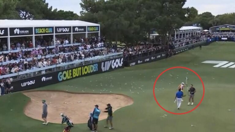 Lucas Herbert’s caddie Nick Pugh hit by errant water bottle, video, highlights, golf information