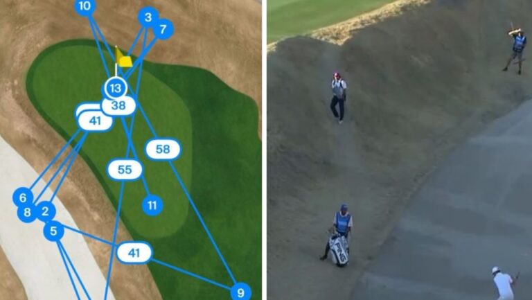 William Mouw hits octuple bogey 13 on nightmare gap, The American Specific, par 5 sixteenth bunker, video, response