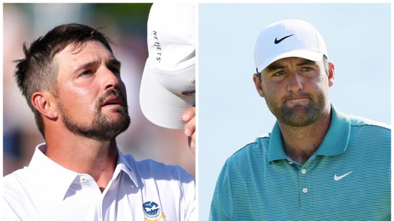 third spherical leaderboard, scores, weblog, updates, Byrson DeChambeau meltdown, Cam Davis hole-out eagle, Scottie Scheffler leads